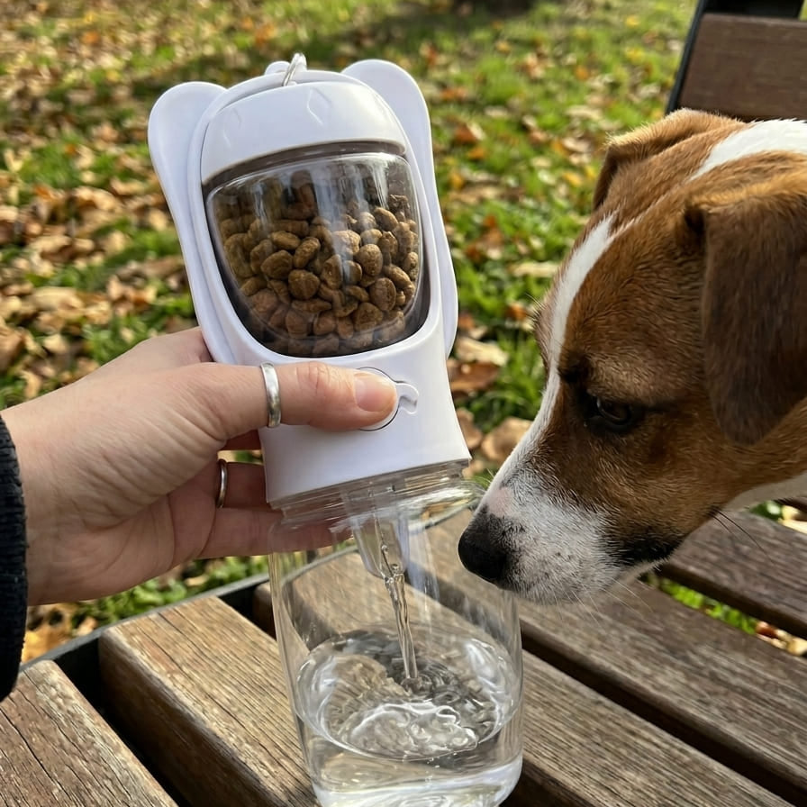 Gourde Portable 2-en-1 – Eau & Croquettes en Balade