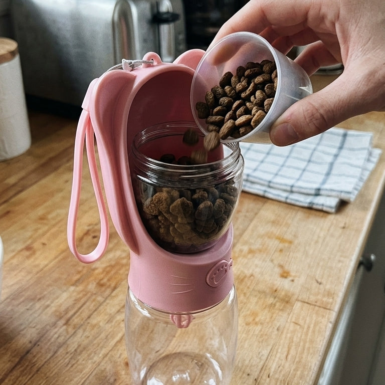 Gourde Portable 2-en-1  – Eau & Croquettes en Balade