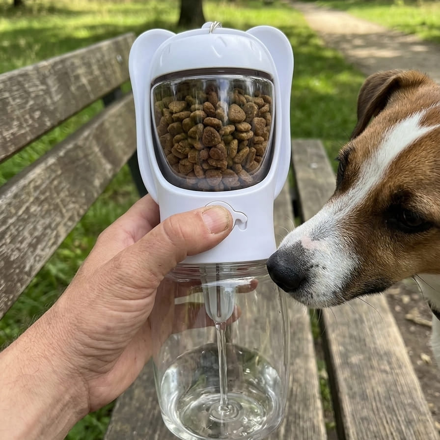 Gourde Portable 2-en-1 – Eau & Croquettes en Balade